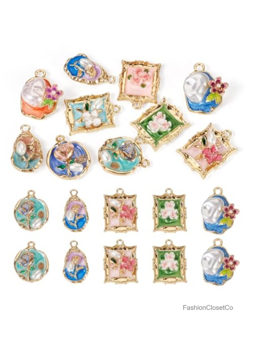 Vintage Oil Painting Flower Enamel Charms Imitation Pearl DIY Jewelry Making